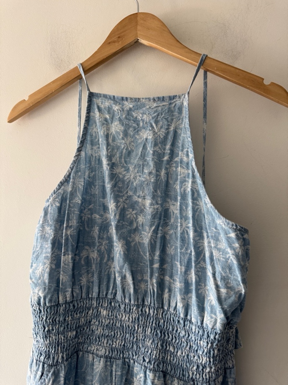 American Eagle Blue Palm Tree Print Romper Back Bow Tie Detail Smocked - Picture 2 of 8